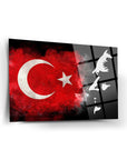 Atatürk and Turkish flag glass panel art, high-quality UV print on durable tempered glass.