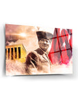 Atatürk 21 Cam Tablo featuring a vibrant artistic portrayal of Mustafa Kemal Atatürk with Turkish flag elements.
