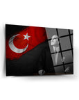 Atatürk 37 Cam Tablo featuring a silhouette of Atatürk against the Turkish flag on high-quality glass.