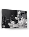 Şah Mat Cam Tablo: Chess pieces in motion captured on high-quality glass with UV printing.