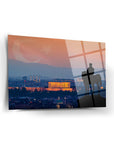 Atatürk and Anıtkabir glass artwork featuring a Turkish flag silhouette and cityscape at sunset.