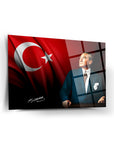 Atatürk 38 Cam Tablo featuring a portrait of Atatürk with the Turkish flag, designed with high-quality tempered glass.