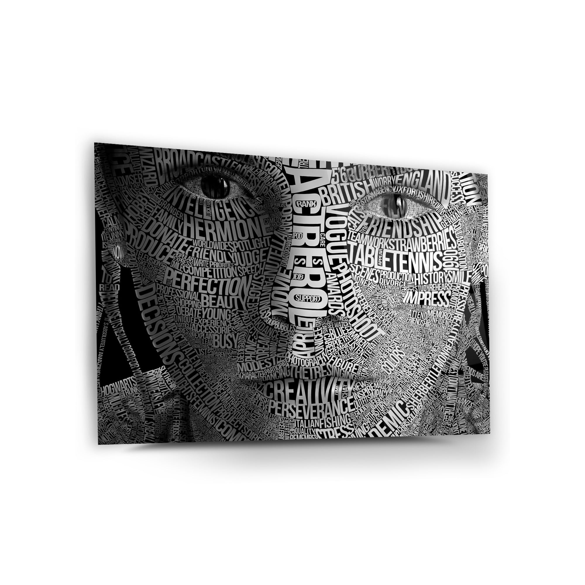 Artistic black and white glass wall art featuring a face made of inspiring words and phrases.