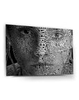 Artistic black and white glass wall art featuring a face made of inspiring words and phrases.