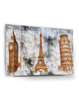 Üç Şehir Cam Tablo: Big Ben, Eiffel Tower, Leaning Tower of Pisa in high-quality tempered glass.