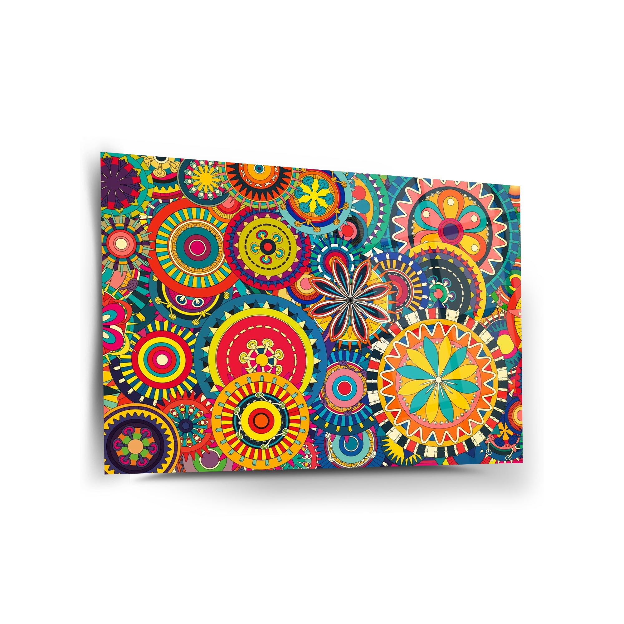 Vibrant Afrika Desenleri Cam Tablo with colorful patterns and designs for home decor.