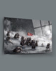 Sarıkamış Cam Tablo depicting Turkish soldiers in a snowy landscape with a flag, showcasing fine art craftsmanship.