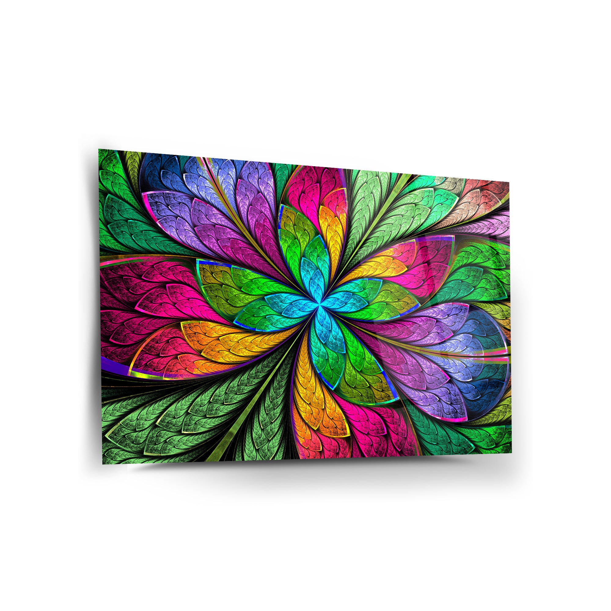 Rengarenk yapraklar desenli cam tablo, yüksek kaliteli temperli cam ile şık dekorasyon.