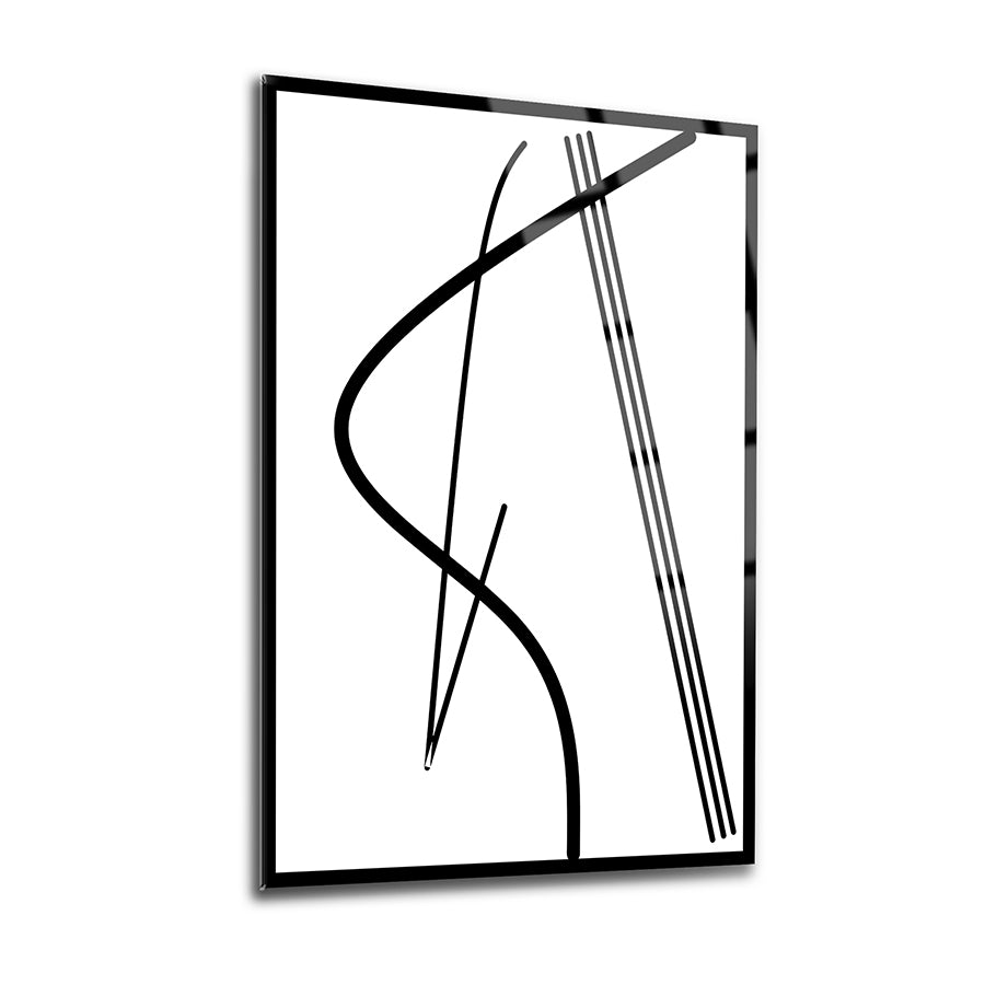 Modern black and white abstract design on a glass artwork, perfect for contemporary home decor.