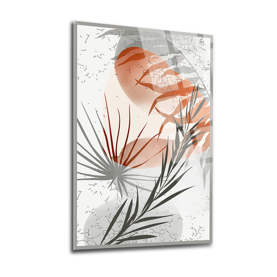 Modern glass wall art featuring vibrant leaves and abstract shapes, perfect for home decor.