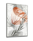 Modern glass wall art featuring vibrant leaves and abstract shapes, perfect for home decor.