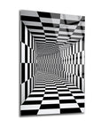3D optical illusion glass wall art featuring a black and white checkerboard tunnel design.