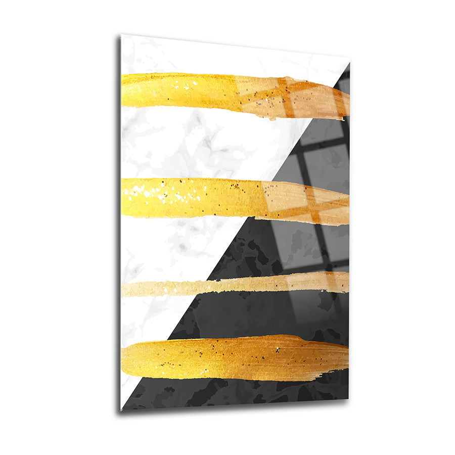 Geometrik Desen-5: Modern 3'lü set cam tablo, sarı ve siyah renklerle şık tasarım. Yüksek kaliteli UV baskı.