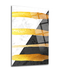 Geometrik Desen-5: Modern 3'lü set cam tablo, sarı ve siyah renklerle şık tasarım. Yüksek kaliteli UV baskı.