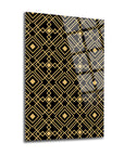 Geometric patterned glass wall art set featuring elegant black and gold design, perfect for modern decor.