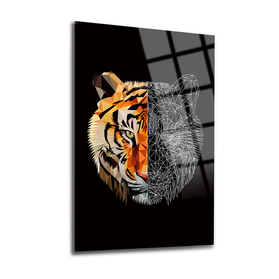 Stylish geometric tiger artwork on black background, perfect for modern decor.