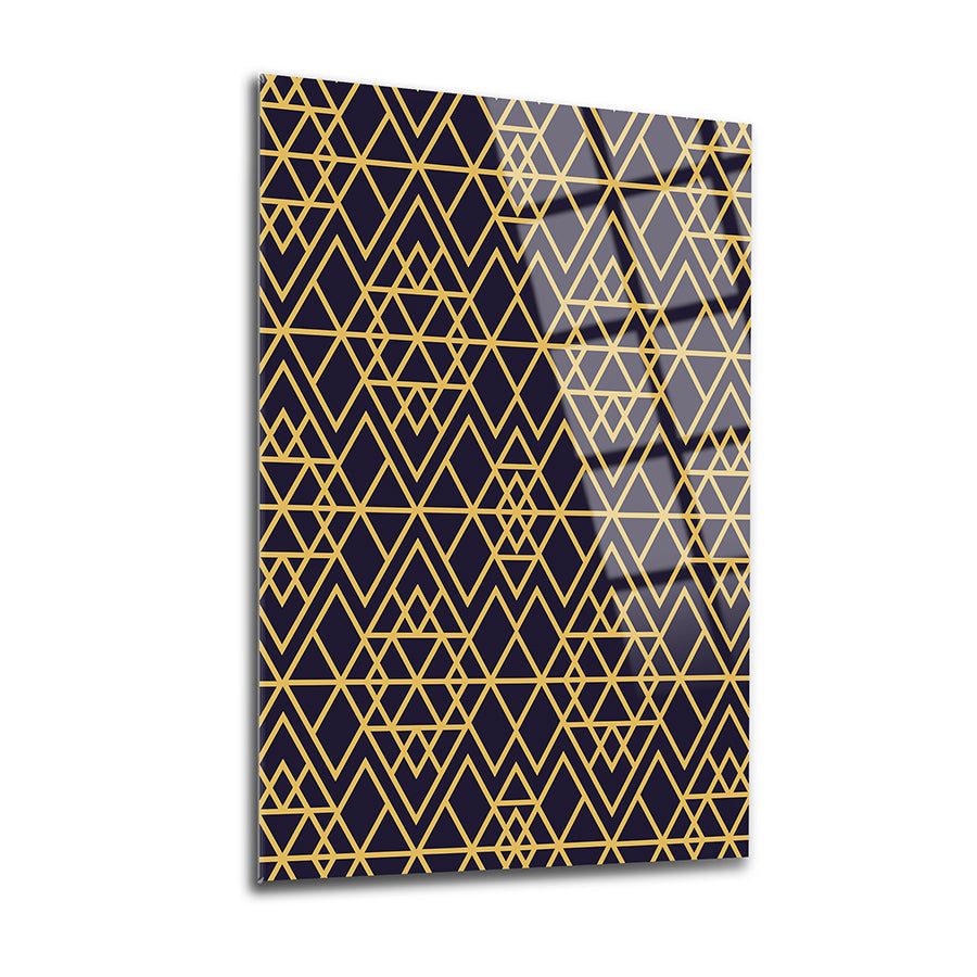 Geometrik desenli cam tablo, modern ve şık tasarım, sarı ve siyah renk kombinasyonu.