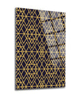 Geometrik desenli cam tablo, modern ve şık tasarım, sarı ve siyah renk kombinasyonu.