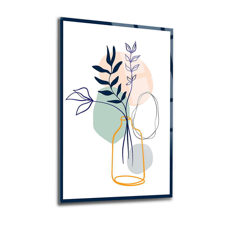 Şişedeki Yapraklar 3'lü Set Cam Tablo; modern cam tablo, yapraklar ve renkli geometrik arka plan.