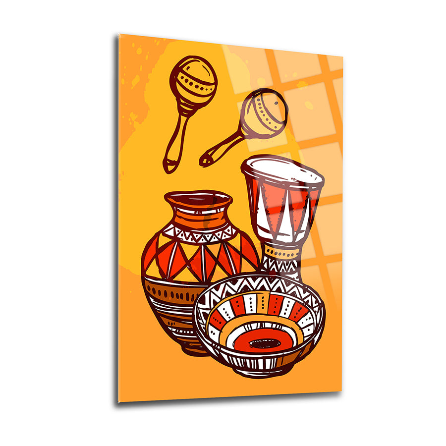 Vibrant art print featuring traditional African drums and pots on an orange background.