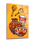 Vibrant art print featuring traditional African drums and pots on an orange background.