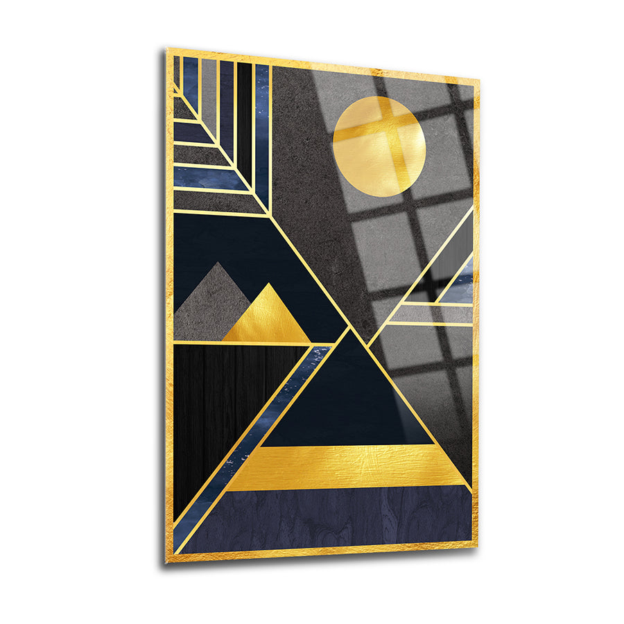 Geometrik Desen-7 cam tablo, modern tasarım, sıcak ve soğuk renklerin harmonisi, ev dekorasyonuna şık bir dokunuş.