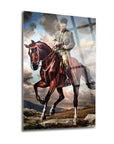Atatürk on horseback art piece, high-quality UV print on tempered glass, unique home decor by SRD Concept.