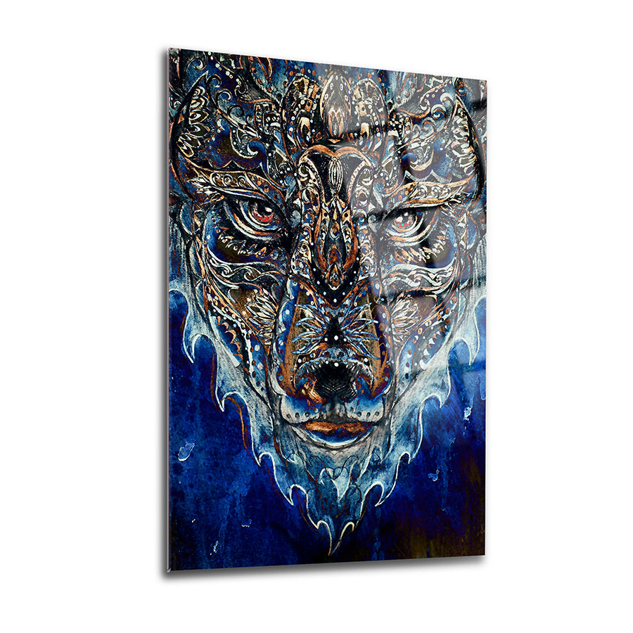 Artistic glass painting of a detailed wolf face with intricate designs and blue background.