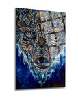 Artistic glass painting of a detailed wolf face with intricate designs and blue background.