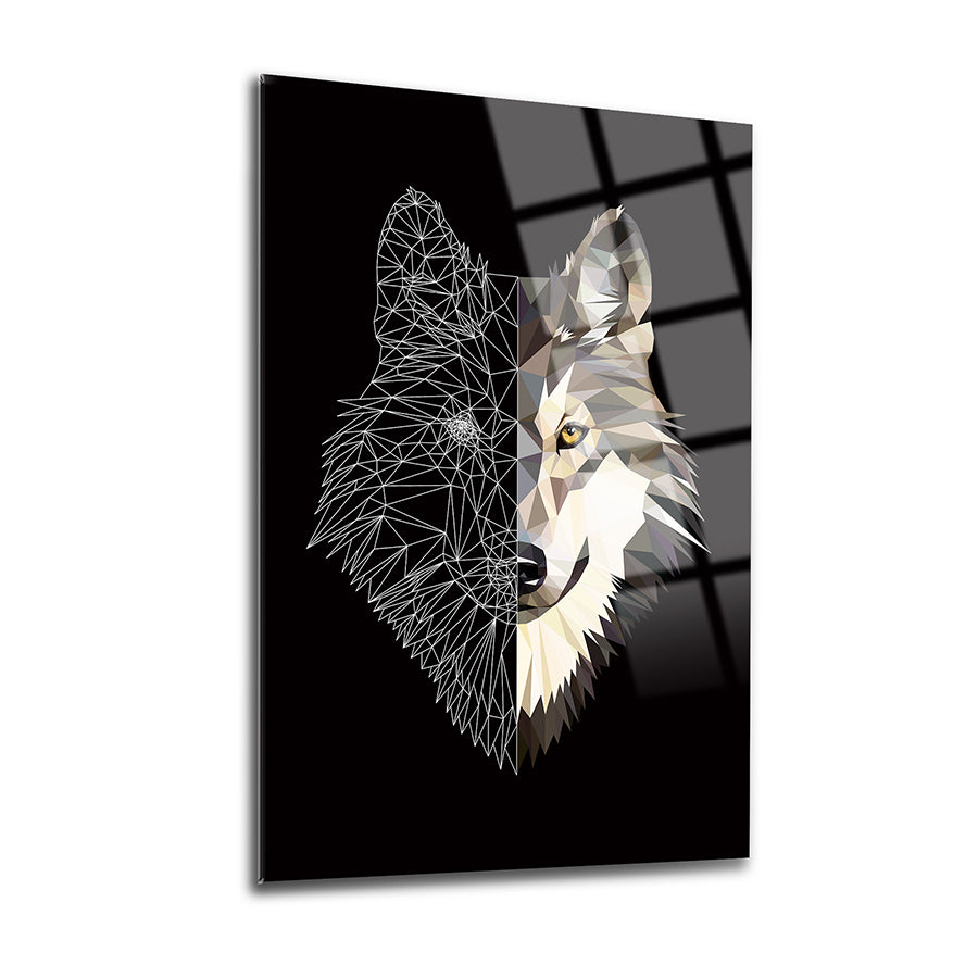 Geometric wolf design on glass artwork, showcasing a modern and artistic interpretation of a wolf's face.