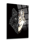 Geometric wolf design on glass artwork, showcasing a modern and artistic interpretation of a wolf's face.