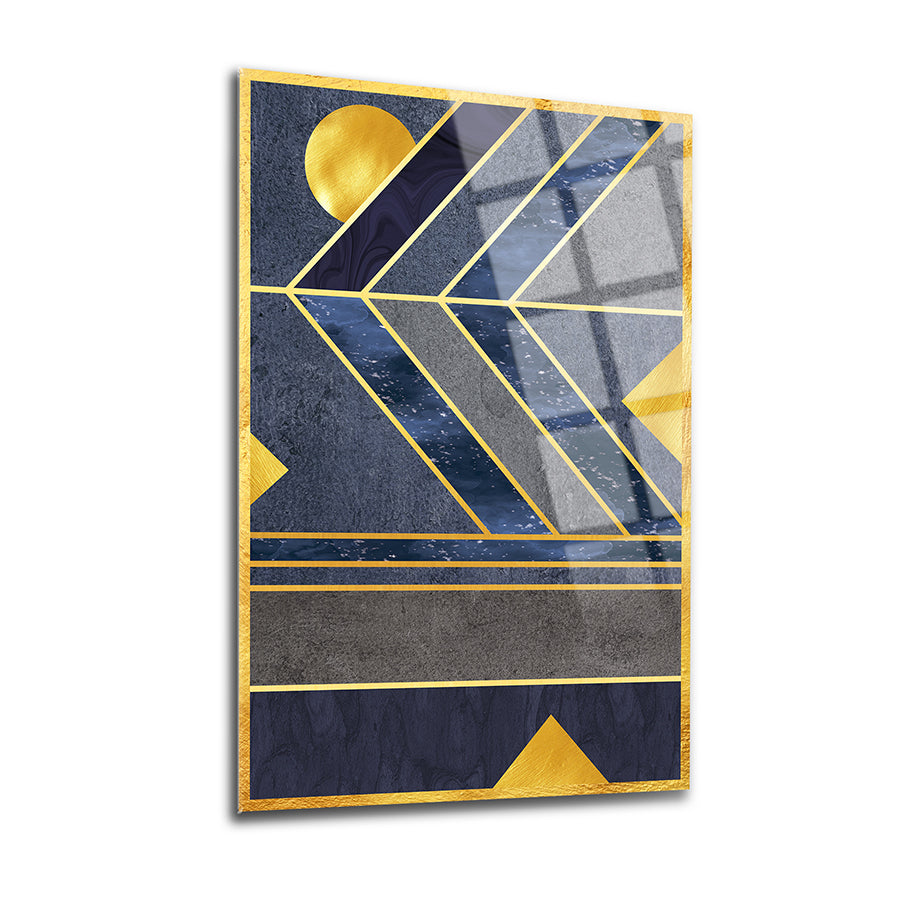 Geometrik desenli cam tablo seti, mavi ve altın detaylarla şık ve modern bir dekorasyon unsuru.