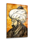 Fatih Sultan Mehmet portrait on high-quality glass, temper processed for durability and vibrant UV printing.