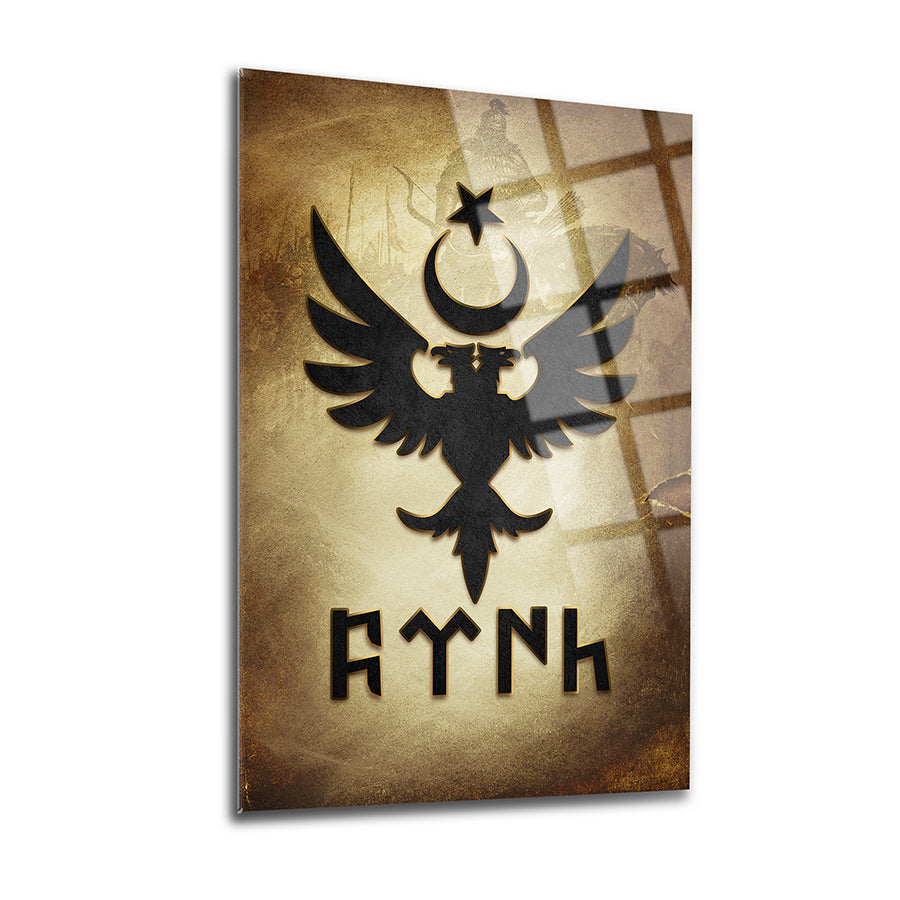 Çift başlı kartal simgeli şık cam tablo, 4 mm kalınlığında yüksek kaliteli UV baskı.