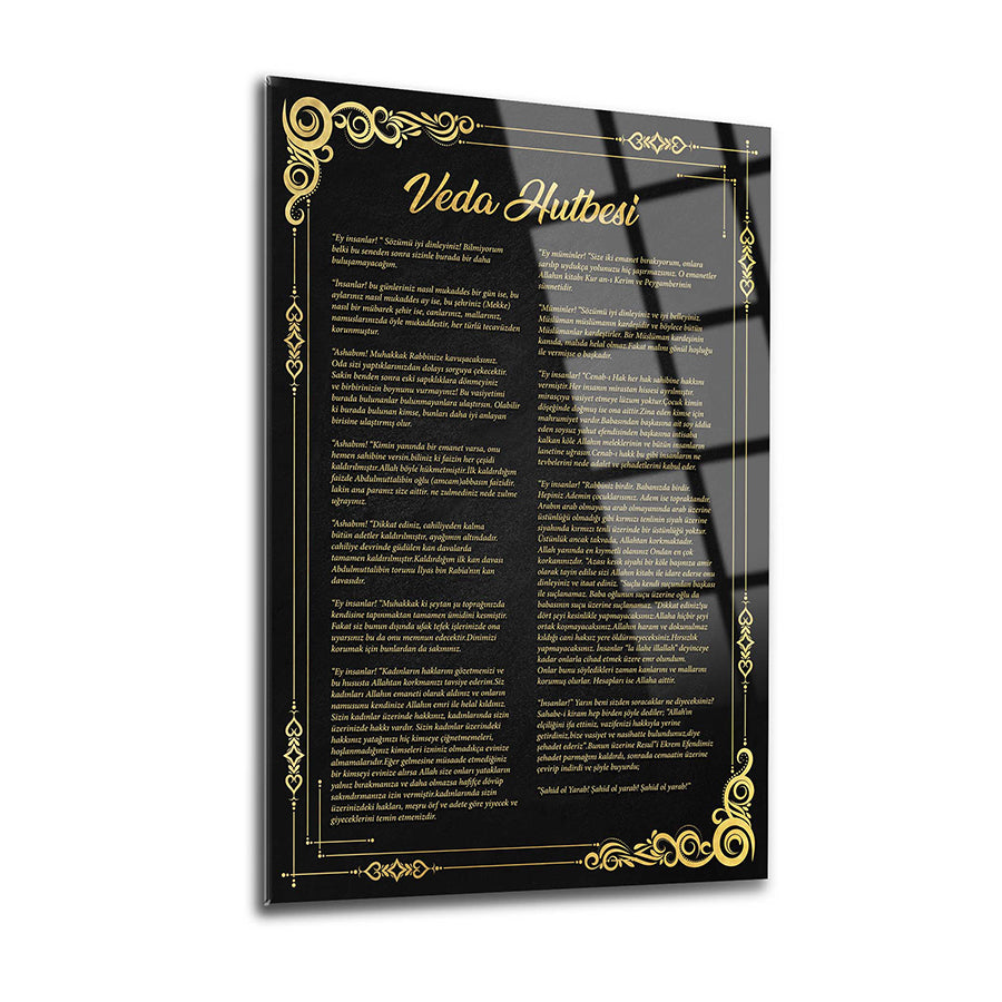 Veda Hutbesi Cam Tablo, şık tasarım ve UV baskı ile yüksek kaliteli cam üzerinde sunulmuştur.