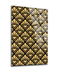 Geometrik Desen-6 cam tablo, üçlü set, modern tasarım, sarı ve siyah desenli, yüksek kaliteli düz cam.