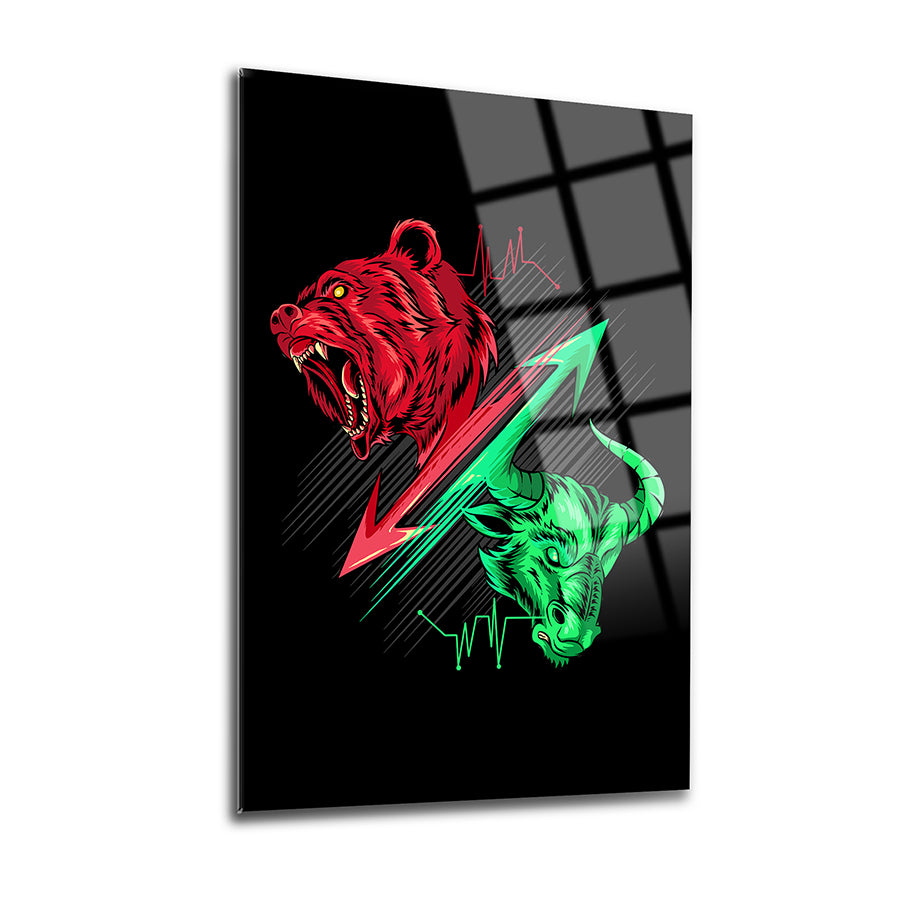 Ayı ve Boğa temalı şık cam tablo; 4 mm kalınlığında, dayanıklı ve UV baskılı sanat eseri.