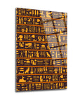 Hieroglyphic art glass panel with yellow designs on a brown background, 4mm tempered glass from SRD Concept.