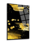 Abstract gold splashes on black background, high-quality 2-piece glass art set from SRD Concept.