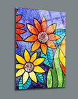 Vibrant Damlacıklı Çiçekler Cam Tablo with colorful flowers and leaves on a textured background.