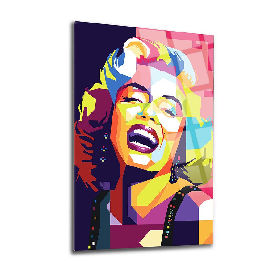 Marilyn Monroe colorful art glass panel, high-quality, 4mm tempered glass, UV printed, vibrant design for elegant decor.