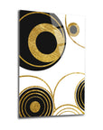 Geometric pattern glass wall art featuring black and gold circular designs on a white background.
