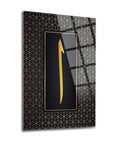 Elif 4 Cam Tablo with a gold arrow design on a black hexagonal patterned background, showcasing elegant glass art.