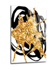 Elit akrilik cam tablosu, siyah beyaz arka planda parlak altın sıçramalar ile modern sanat eseri.
