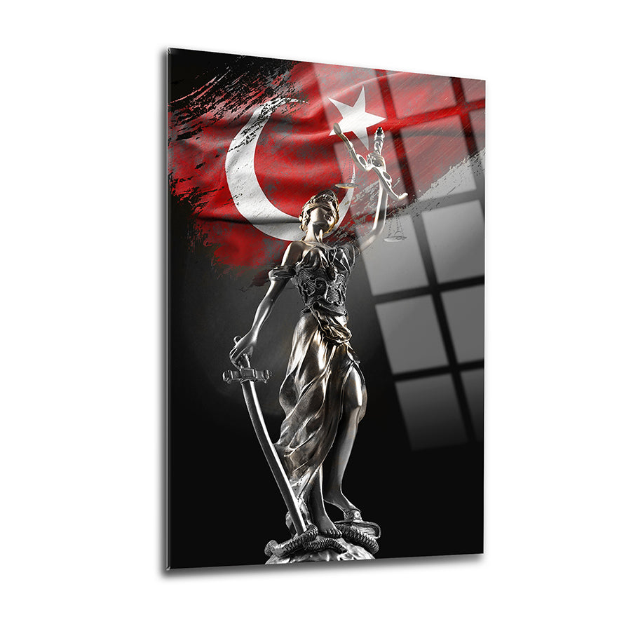 Themis Bayrak Cam Tablo featuring a striking design of Lady Justice with a Turkish flag background.