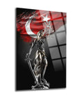 Themis Bayrak Cam Tablo featuring a striking design of Lady Justice with a Turkish flag background.