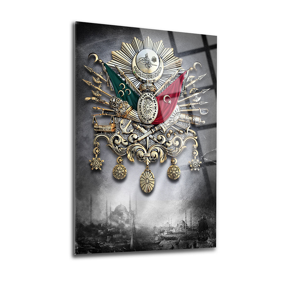 Osmanlı Tuğrası 3D cam tablo, şık tasarım ve dayanıklı 4 mm kalınlığında yüksek kaliteli cam ile.