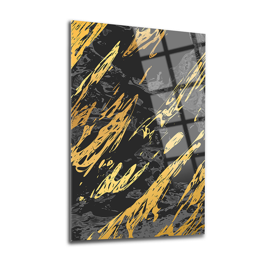 Mermer Desen-1 Cam Tablo, modern tasarım, şık altın ve siyah renklerle dekoratif duvar sanatı.