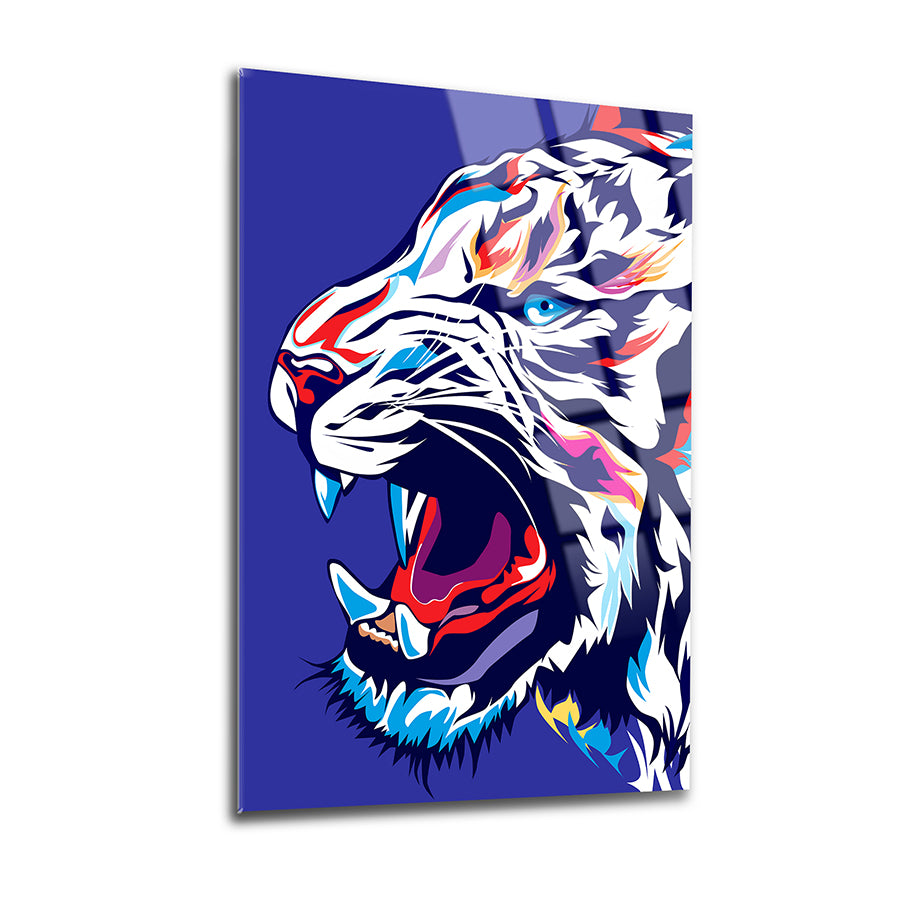 Vivid artistic depiction of a roaring tiger on a blue background, showcasing bold colors and dynamic design.
