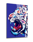 Vivid artistic depiction of a roaring tiger on a blue background, showcasing bold colors and dynamic design.